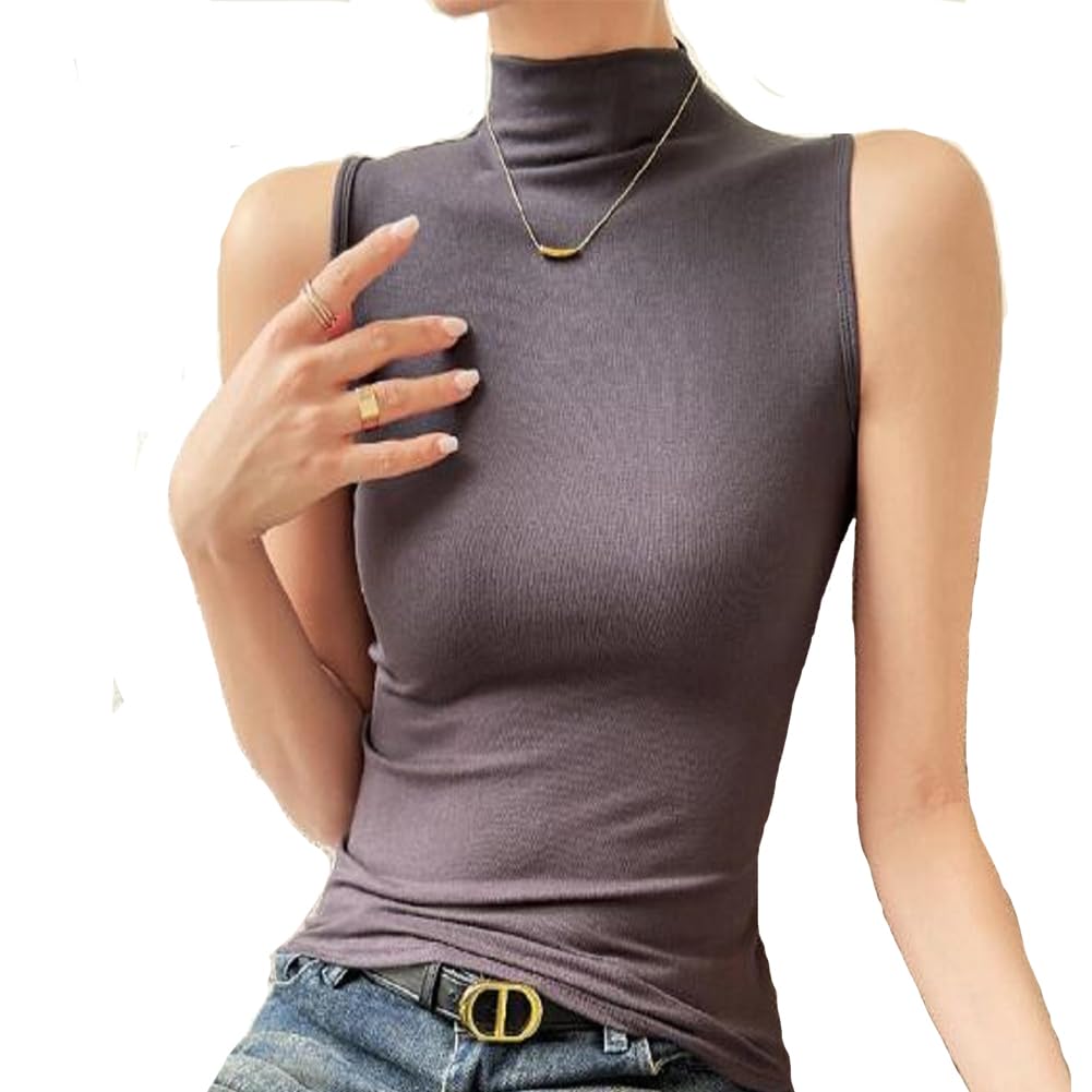 

Топ-майка кроя и пошива, защита от УФ-лучей, корейский стиль, хлопок, высокий воротник, без рукавов, водолазка, тонкий, весна-лето, темно-серый, L [CARLIE KLOSS] футболка