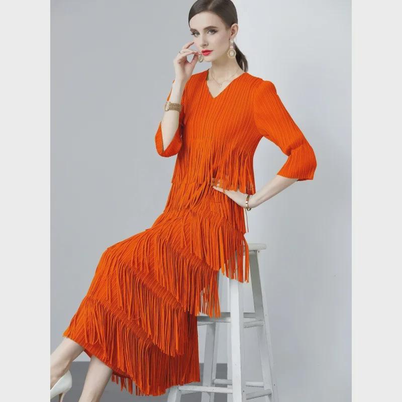 

Miyake 2024 V-образный вырез с длинными рукавами и кисточками плиссированное платье One Size оранжевый