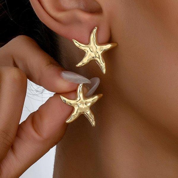 

Vintage Textured Starfish Stud Earrings for Women Bohemia Chunky Gold Color Metal Earring Girls Summer Beach Vacation Zircon