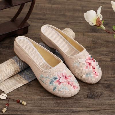 Cloth Tow Versatile Embroidered Bag Head Linen Slippers Low Heel Ethnic Style Mother Shoes Daily Home Home Women's Shoes