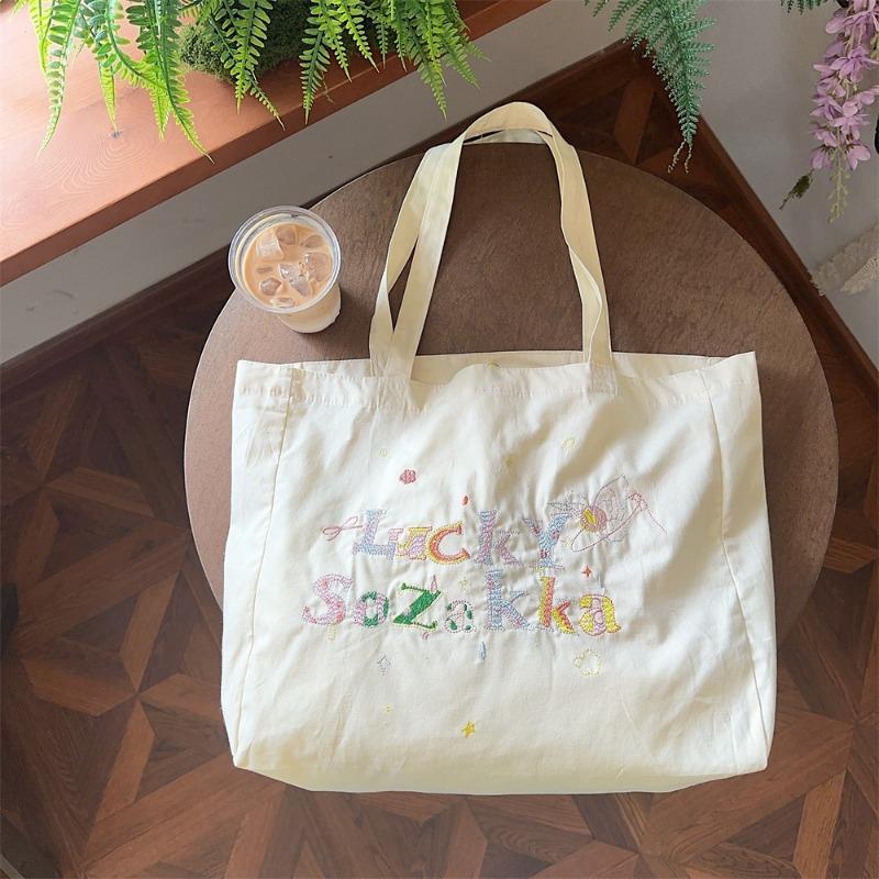 Summer canvas embroidery casual lazy style literary hand carry shoulder bag shopping bag canvas schoolbag