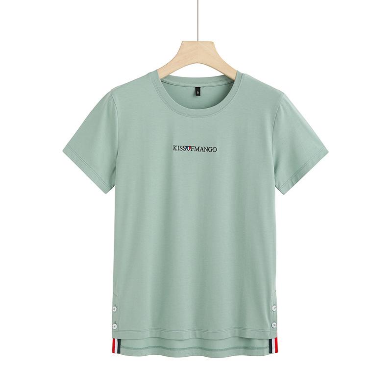 

2024 летняя хлопковая свободная версия с круглым вырезом, свежая и милая футболка с английской вышивкой, женский универсальный топ XXXL зелёный