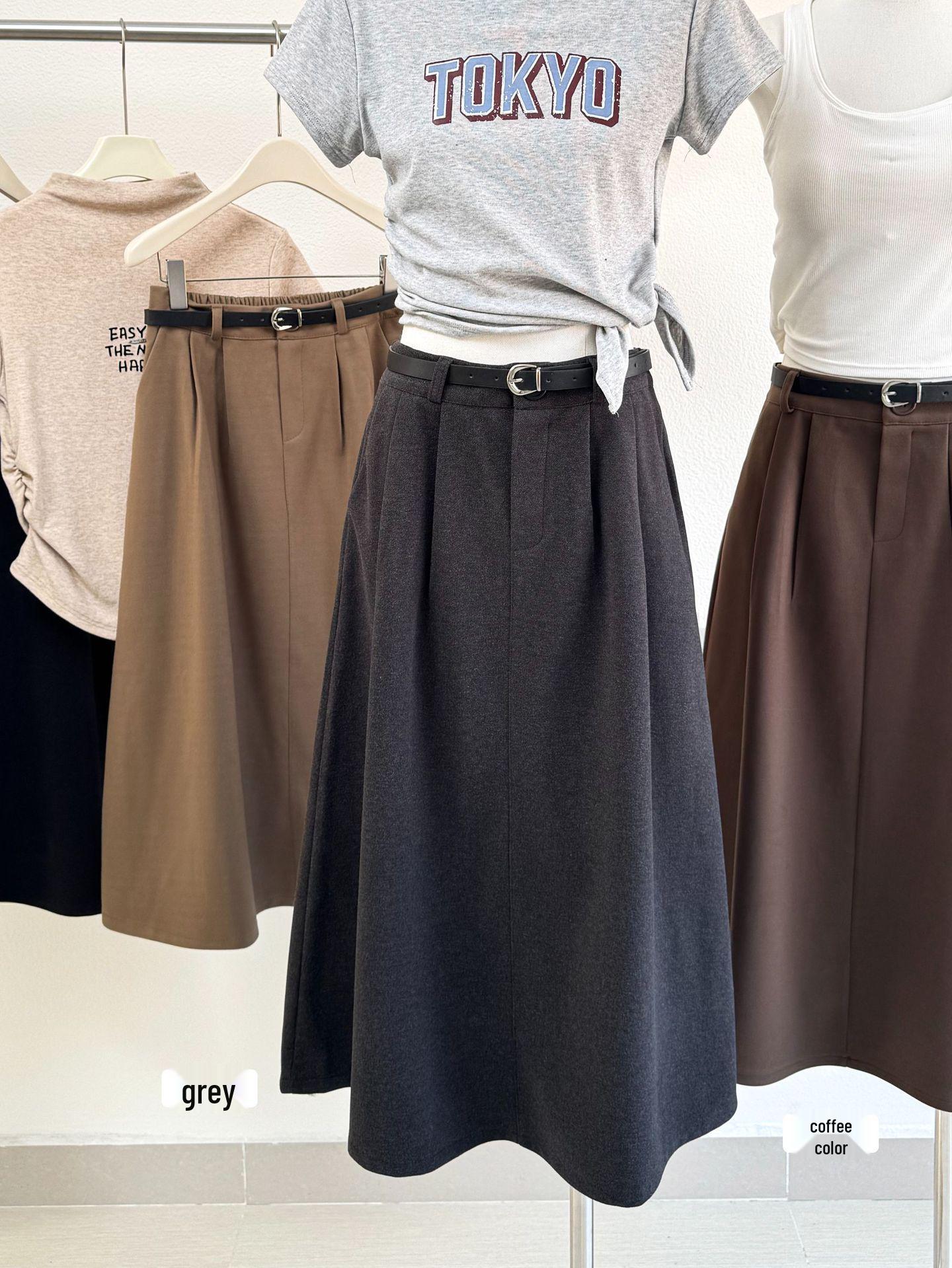 

Retro Korean High Waist A-Line Skirt - Thickened, Mid-Length, and Versatile for Autumn and Winter. One size серый