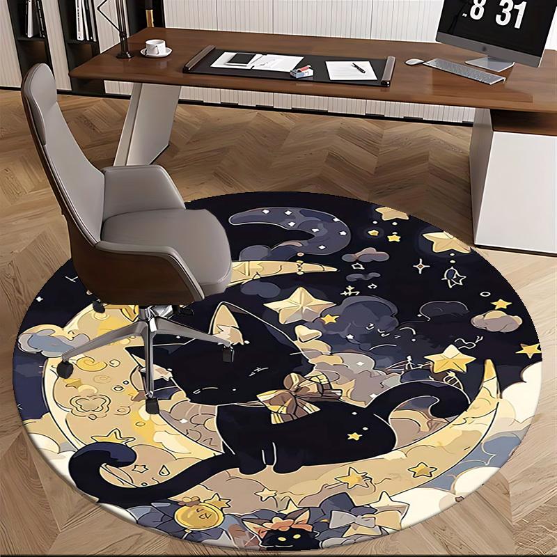 1pc Anime Design Black Cat Moon Starry Sky Round Carpet Office Chair Mat, Non Slip Rug for Home Decor, Living Room, Bedroom, Game Room, Festival Gift
