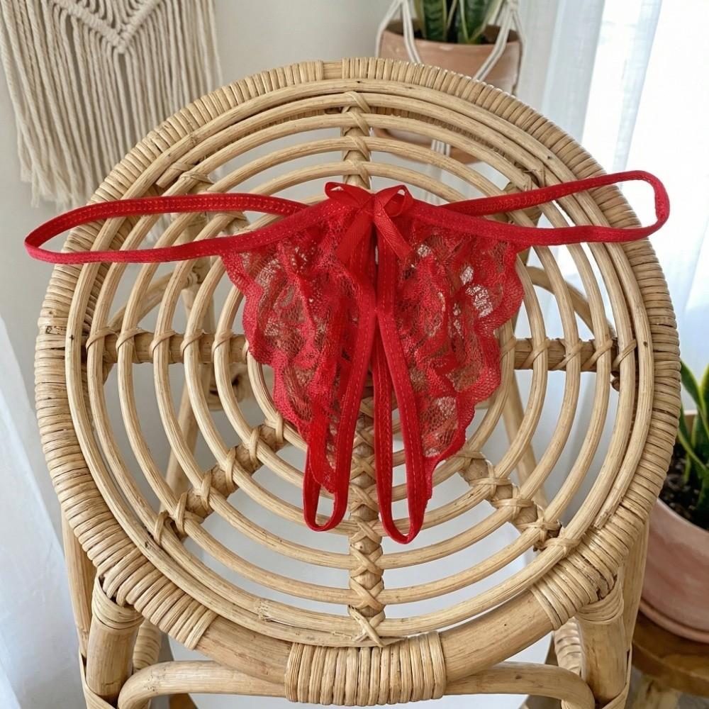 Open Crotch Bow Mesh Lace Panties Hollow Thin Belt Thong Underwear for Women Valentine's Day Gift