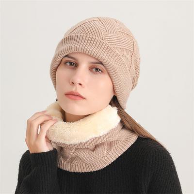 Einfarbiger, einfacher und plüschiger, dicker Herbst- und Winterschal für Damen, zweiteilige, warme Strickpullovermütze, winddichte Mütze ohne Krempe