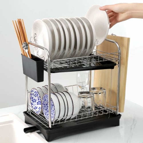 Leimish Two-Tier Dish Drainer, Stainless Steel, Rust-Proof, Automatic Drainage, Dish Drainer, Dish Holder, Chopstick Holder, Large Capacity, Kitchen S
