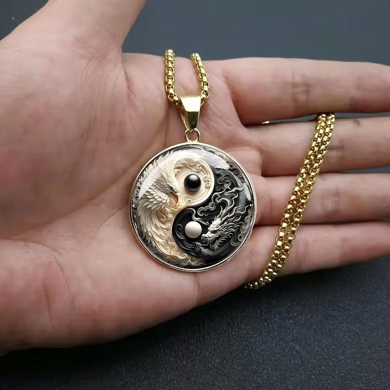 Yin Yang Dragon and Phoenix Trend Chinese Style Tai Chi Totem Retro Fashion Jewelry Necklace Pendant