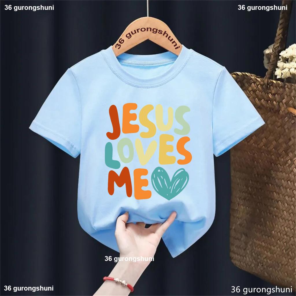 Lustiges Kawaii Kinderkleidung L Ich liebe Jesus Buchstaben bedrucktes T-Shirt Mädchen/Jungen Sommer Weiß/Schwarz/Rosa/Blau/Grau/Gelb T-Shirt