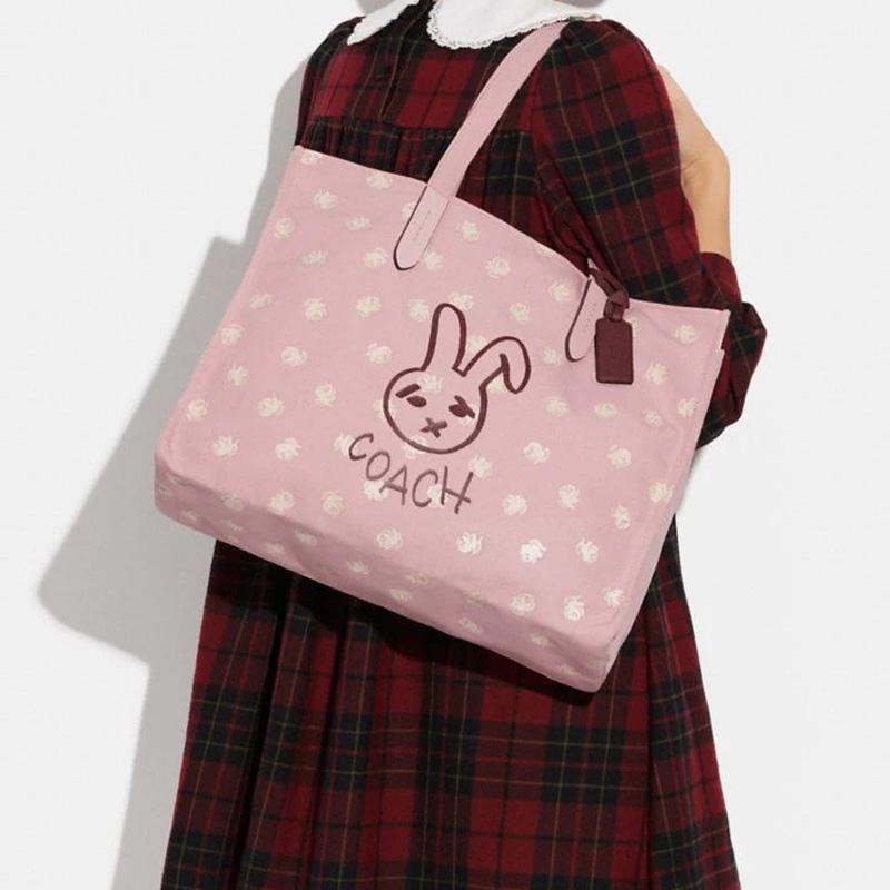 New COACH Recycled Canvas With Recycled Leather Tote Bag, Shopping Bag, Canvas Bag, Handbag, Shoulder Bag Women's Pink CF926-LHRHJ