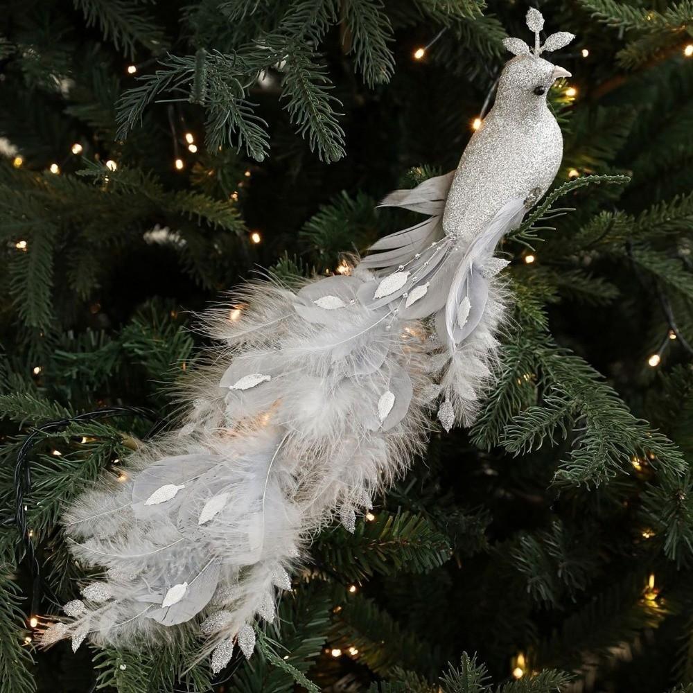 Neue realistische glitzernde Weihnachts-Pfau-Ornamente Glitzer Simulieren Faux Pfau Simulationsvogel Dekor Weihnachtsbaum