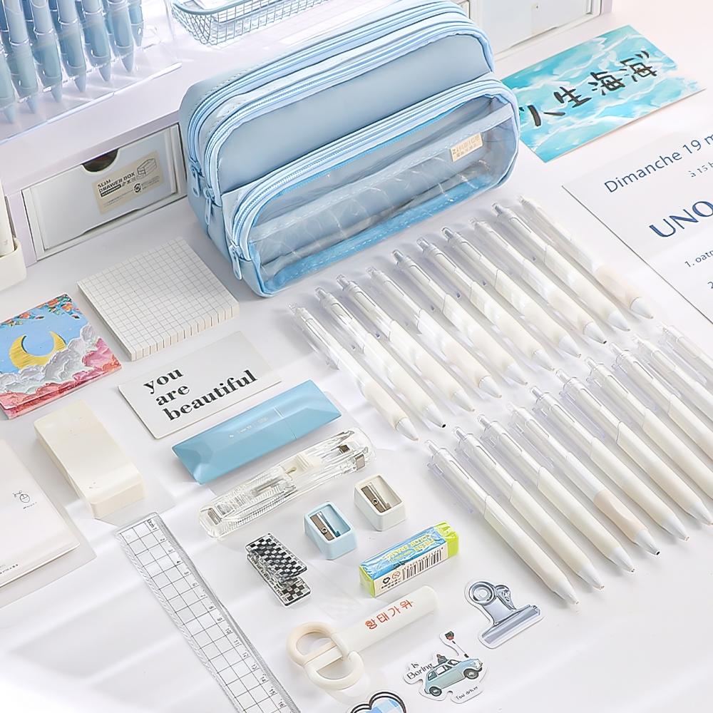 Large Light Color Multi-Compartment Pencil Case Durable with Clear Window Portable Cosmetic Bag for Stationery