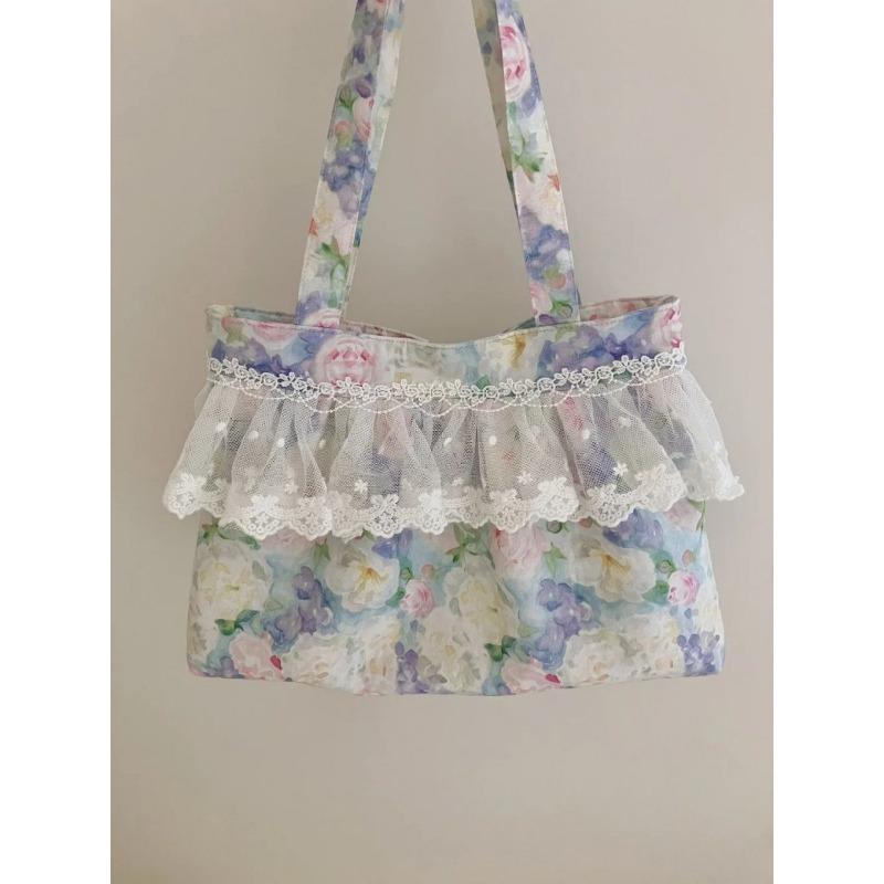 

Вместительная сумка-тоут с кружевом и цветами, нишевая, художественная и универсальная, подмышечная сумка-тоут для ручной носки, сумка для поездок на работу лавандовый