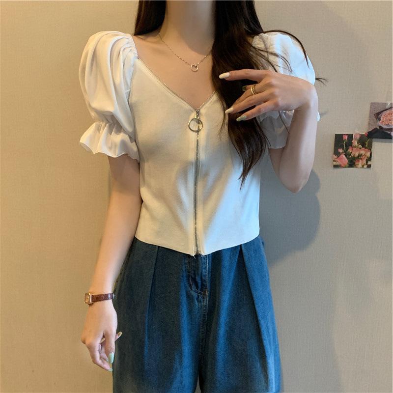 High-waisted Short Navel V-neck Bubble Sleeve Zipper Versatile Tops Design Sense Niche Tight Sexy Short-sleeved Summer Casual Slim Fit Pullovers Tees