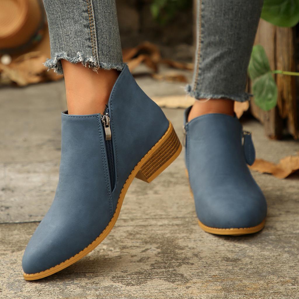 Four seasons shoes British style solid color casual zipper low heel thick heel short boots