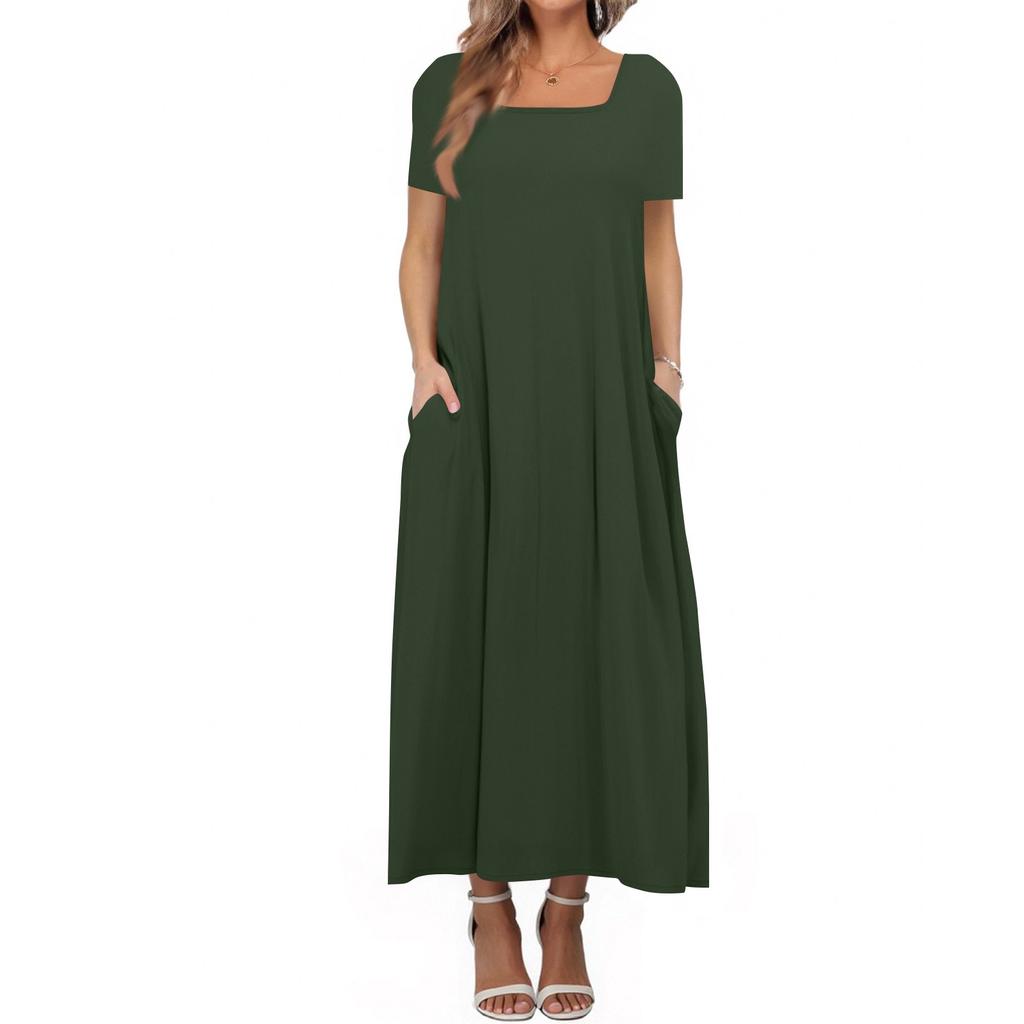 Women's Loose Short-sleeved Solid Color Square Neck Plus Size Dress