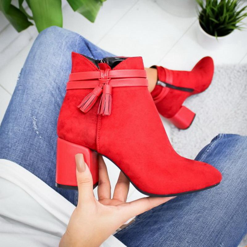 2024 Red Tassel Ankle Shoes  Women's Shoes Single Boots Autumn Winter Pointed Toe Thick With Short Boots 968