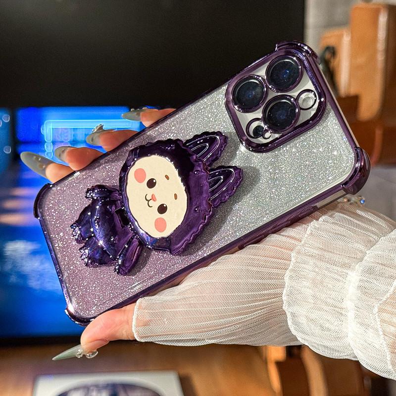 Cute Cartoon Mirror Phone Holder Glitter Gradient Plating Phone Case Cover for iPhone 17 16 15 14 13 12 11 Pro Max Plus Air