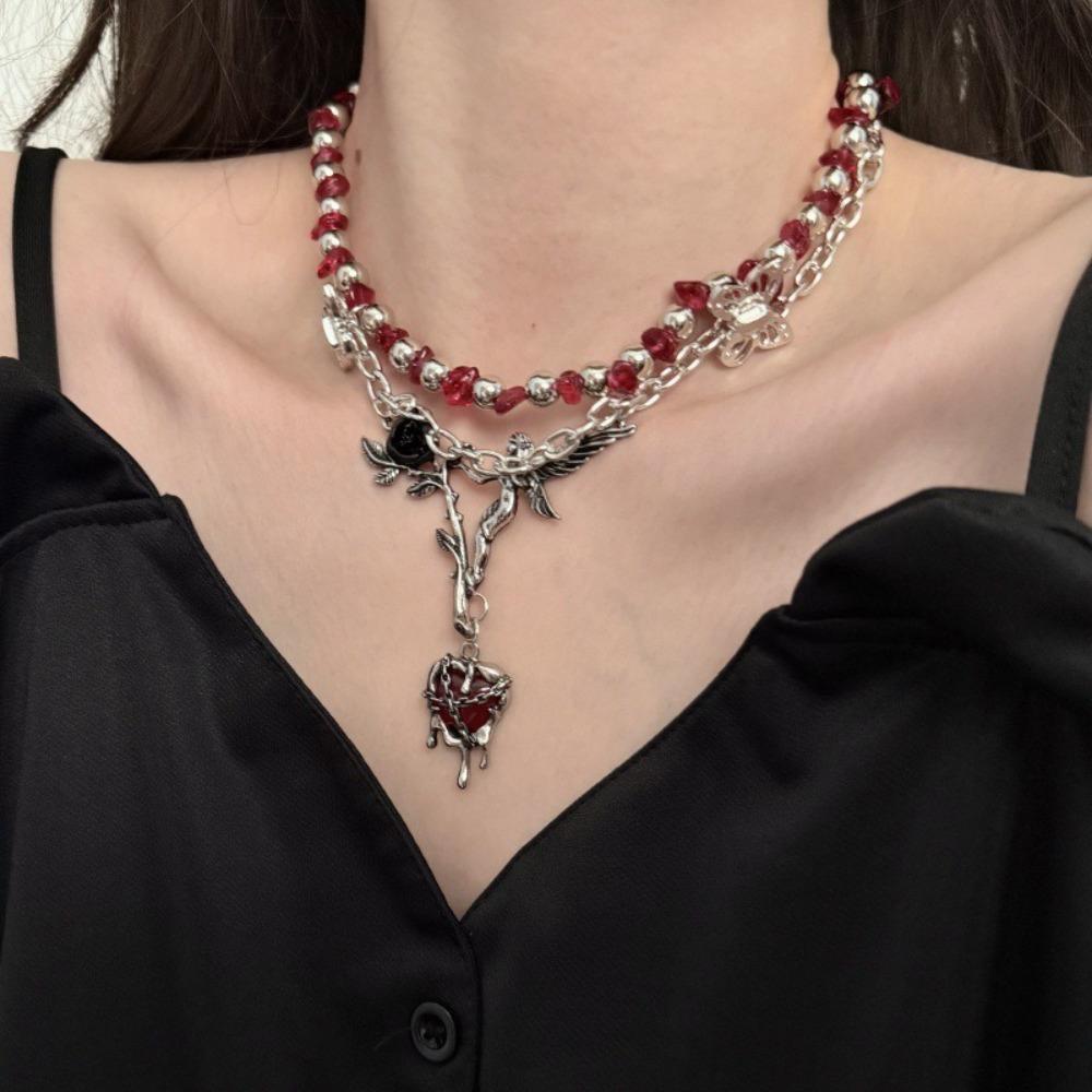 Angle Gothic Multilayer Necklace Rose Flower Clavicle Chain Choker Crystal Beads Necklace  Party