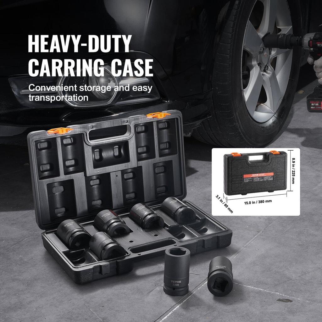 Impact Sockets Set 8pcs 6-Point 1" Drive Bit Ratchet Tool Kit Case