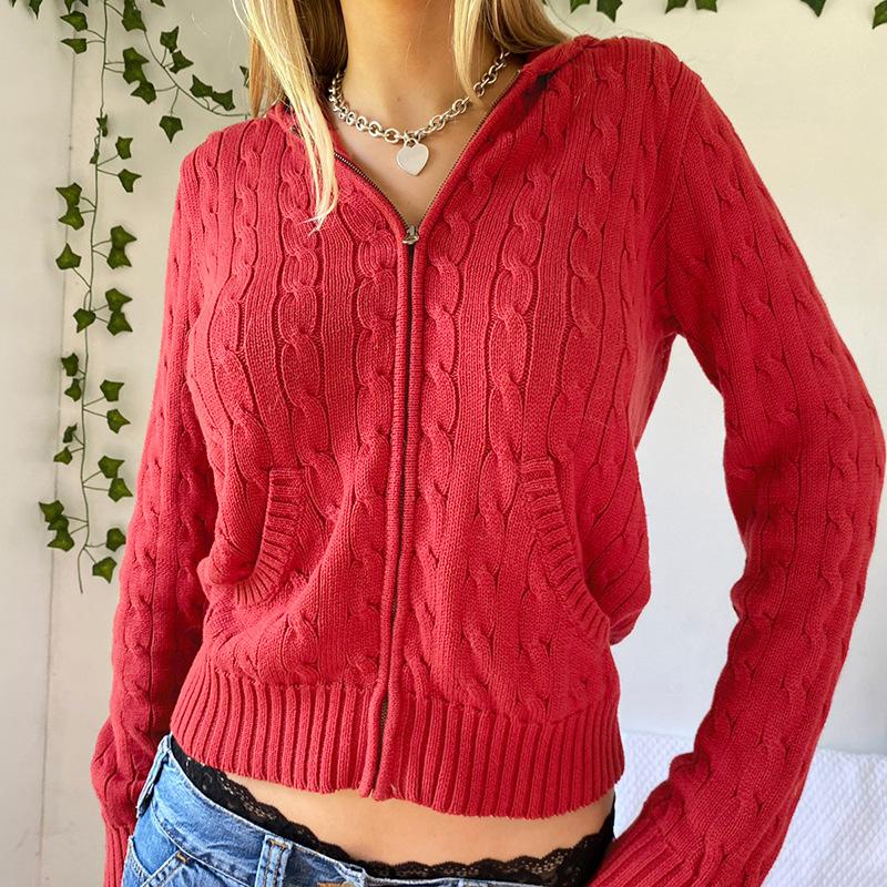 Vintage Brown Hooded Sweaters Women Autumn Winter Lantern Sleeve Zip Up Jacket Cardigan Knitted Hoodies Cropped Cardigan