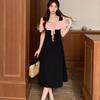 French Temperament Wind Splicing Contrasting Color Pleated Bubble Sleeve Dress Women's Summer Slim Lace-up Knee A-shaped Long Dress