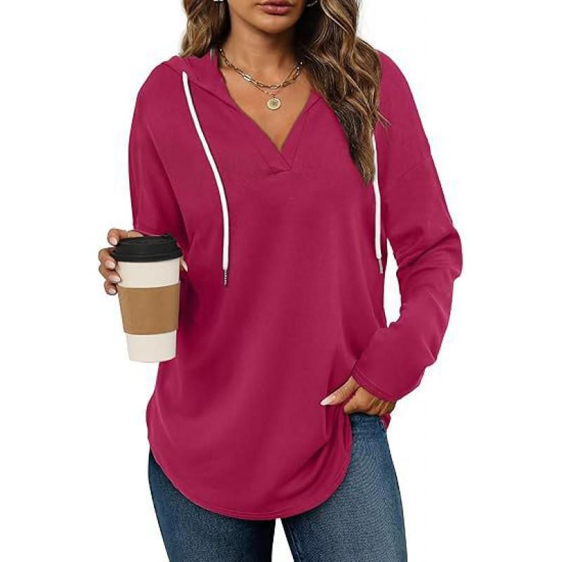 Womens Hooded V-Neck Long Sleeve Sweatshirt Loose Fit Casual Pullover Top In Solid Colors
