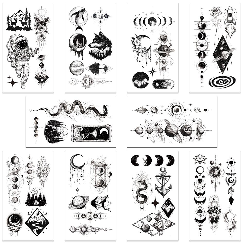 10sheets Black Mysterious Space Astronaut Planet Tattoo Stickers For Face Hand Arm Body Temporary Waterproof Tattoo Stickers