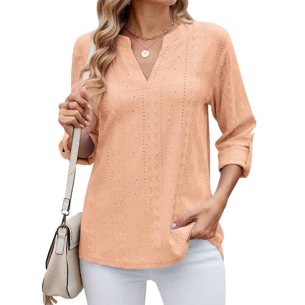 Women's Casual Three-Quarter Sleeve T-Shirt V-Neck Cut-Out Solid Color Top with Cufflinks Versatile Commuter T-Shirt