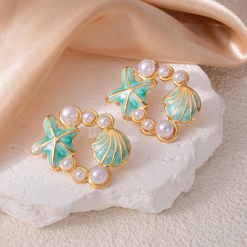 Colorful Drip Oil Starfish Mother-of-Pearl Pearl Stainless Steel Stud Earrings - Women's Non-Fading Light Luxury