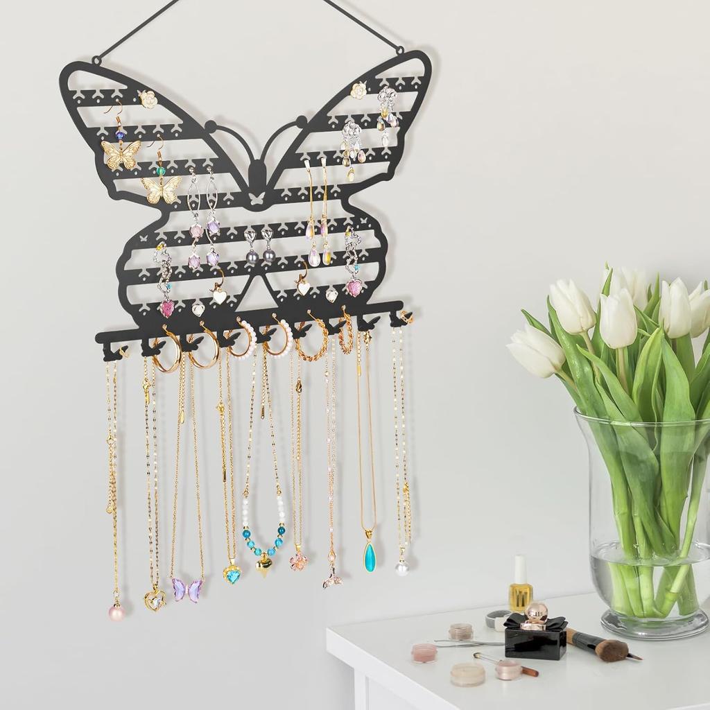 NiHome Butterfly Wall Mounted Jewelry Organizer, Decorative Metal Earring and Necklace Holder for Bedroom, Vanity, or Closet, Stylish Organizer with