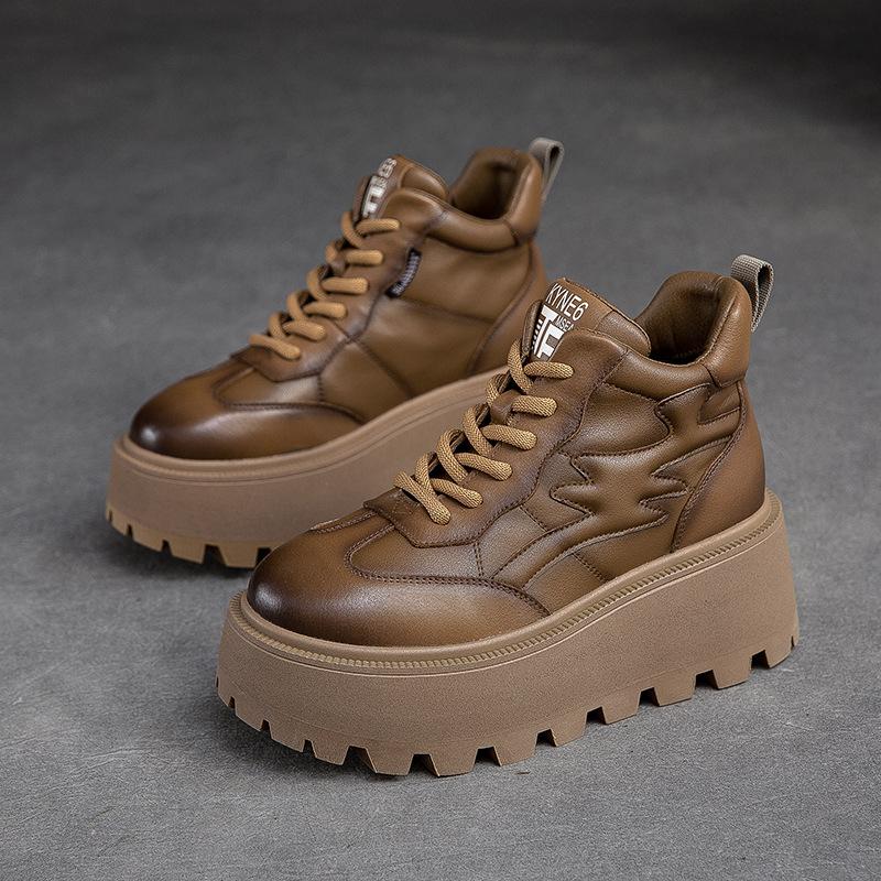 

Fashion GKTINOO Loafers for Women 7cm Retro Genuine Leather Ankle Boots British Autumn Winter Plush Moccasins Rubber Soled Flats Shoes 5 хаки