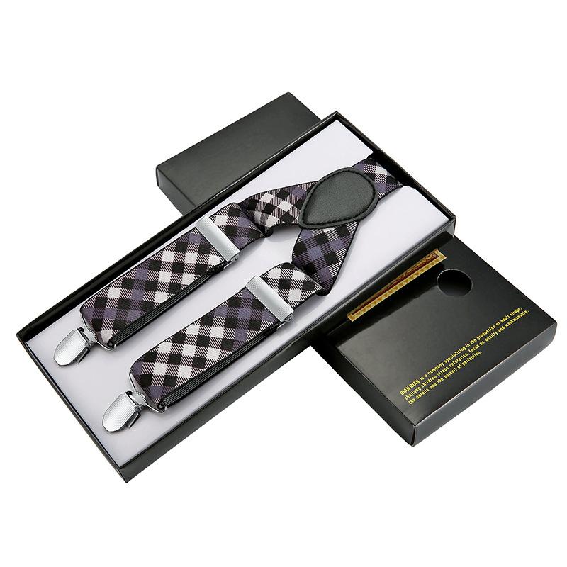 Vintage Classic Plaid Strap Clip 3.5Cm Men'S Trousers Elastic Strap Three Clips Adjustable Jacquard Webbing Clip