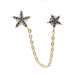 Promotion White Red Blue Green Cz Micro Pave Cubic Zirconia Double Hole 2 Star with Chain Stud Earring