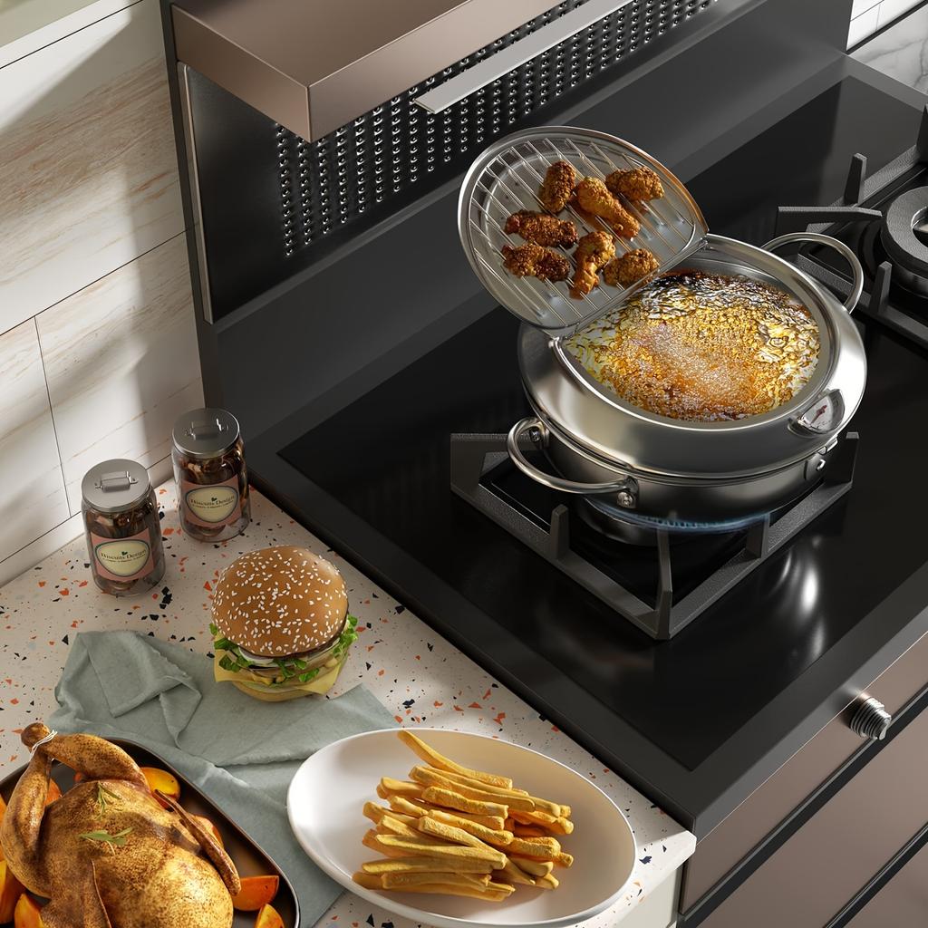 201 Stainless Steel Deep Fryer with Temperature Control and Oil Droplet Filter Rack, Gas Induction Cooker