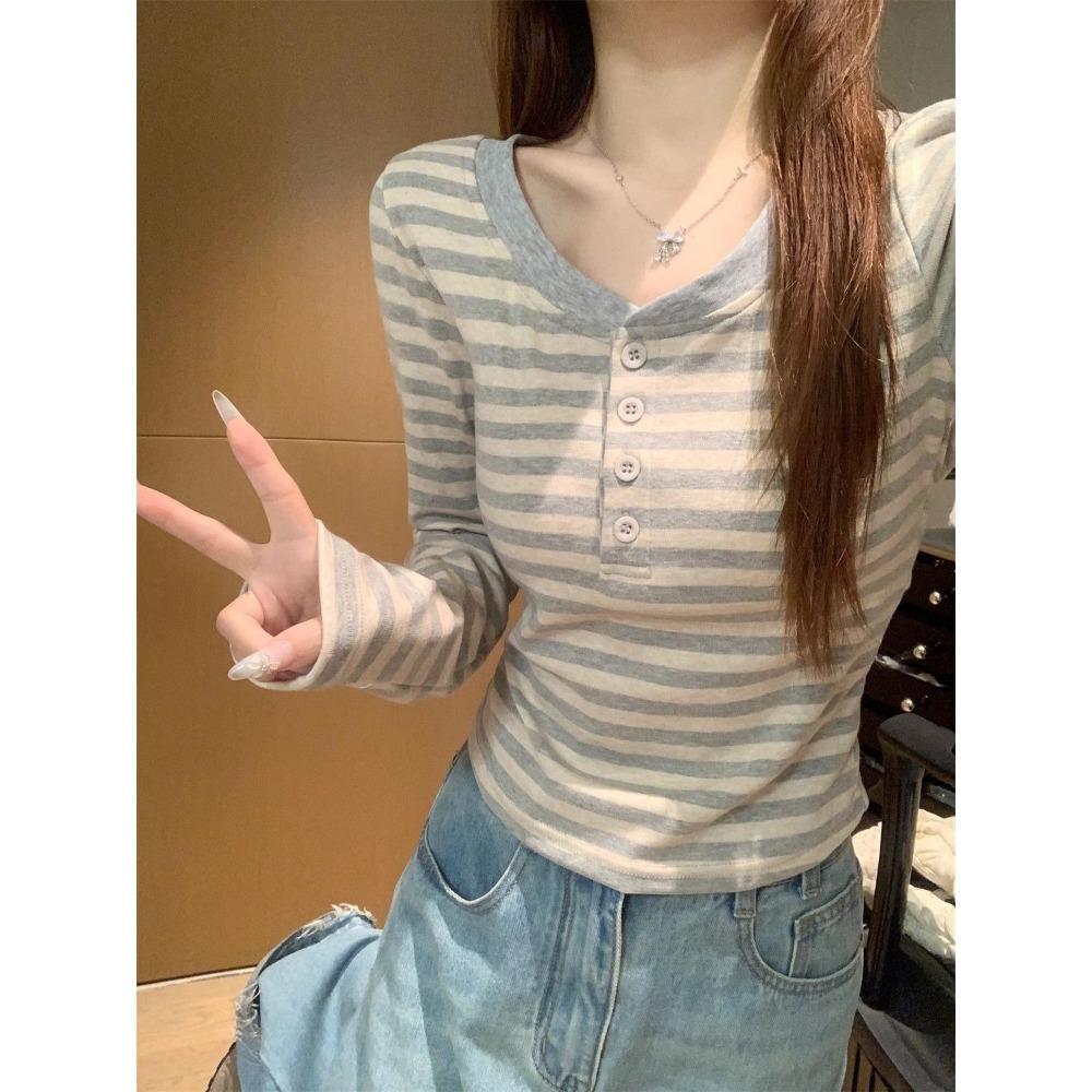 

Semi Open Collar Color Block Striped Long Sleeve T Shirt Women Autumn Slim Fit Base Layer S сірий колір