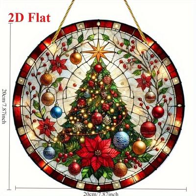 Elegant Christmas Tree Sun Catcher. Colorful Acrylic with Roses & Holly, a Perfect Holiday Gift.