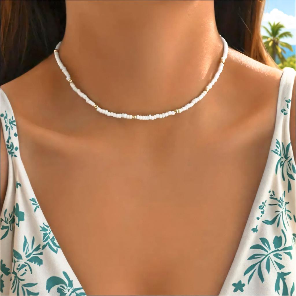 Simple Classic Creative Round Beads Rice Beads Woven Neck Necklace Vacation Wind Beaded Contrasting Color Necklace Collarbone Chain Women