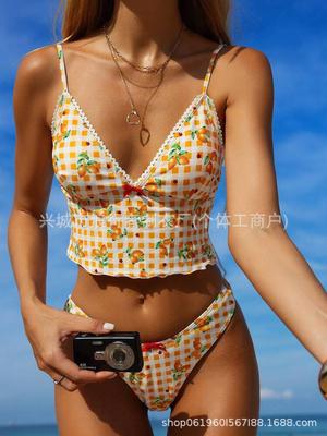 2026 European & American Style Lemon-Print Two-Piece Women's Lace Bikini Set