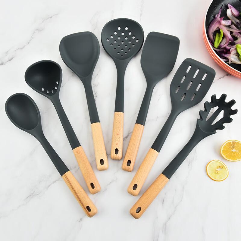Silicone Kitchen Utensil Set with Wooden Handles