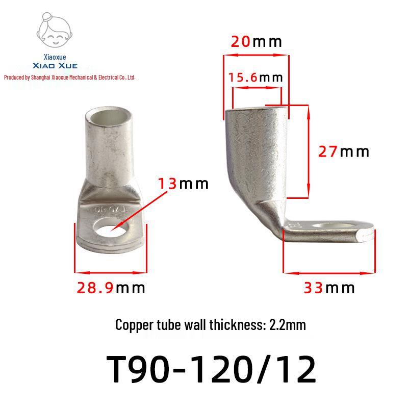T90 Copper Tube Terminal, 90-Degree Right-Angle Bend Crimp Lug, T90-6/5 to T90-240/16 Copper Wire Lug