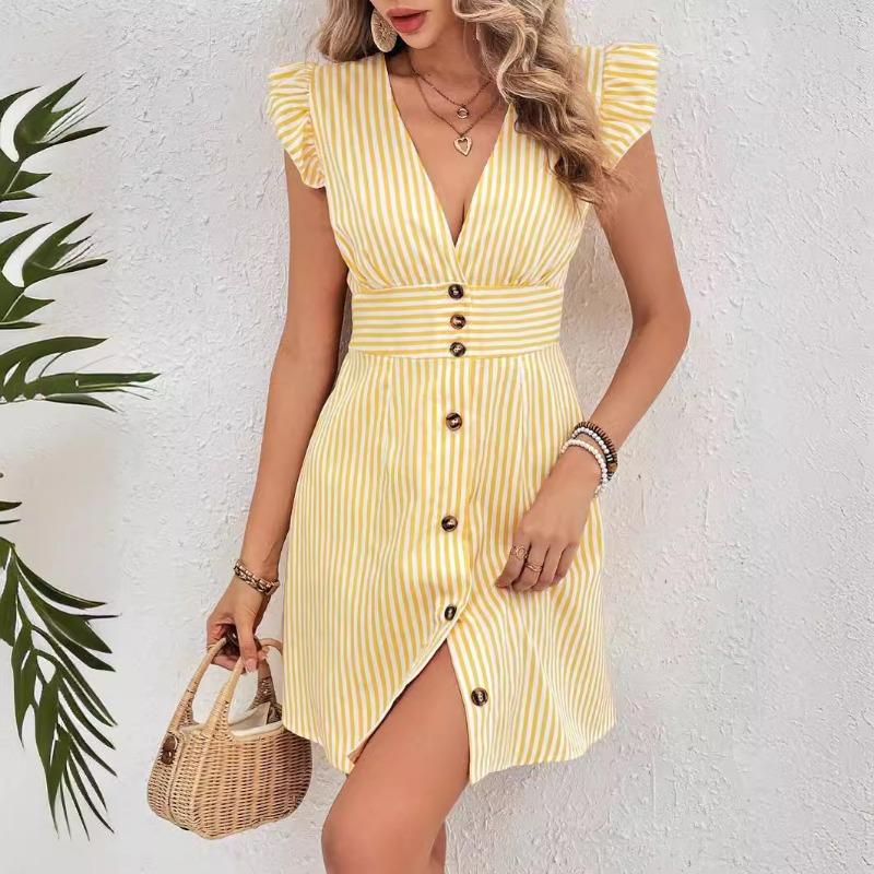 Fashion Short Sleeve Striped Printed V-neck Summer Dress Women Elegant Single Breasted Casual Short Party Shirt Dress Female Office Ladies Clothing