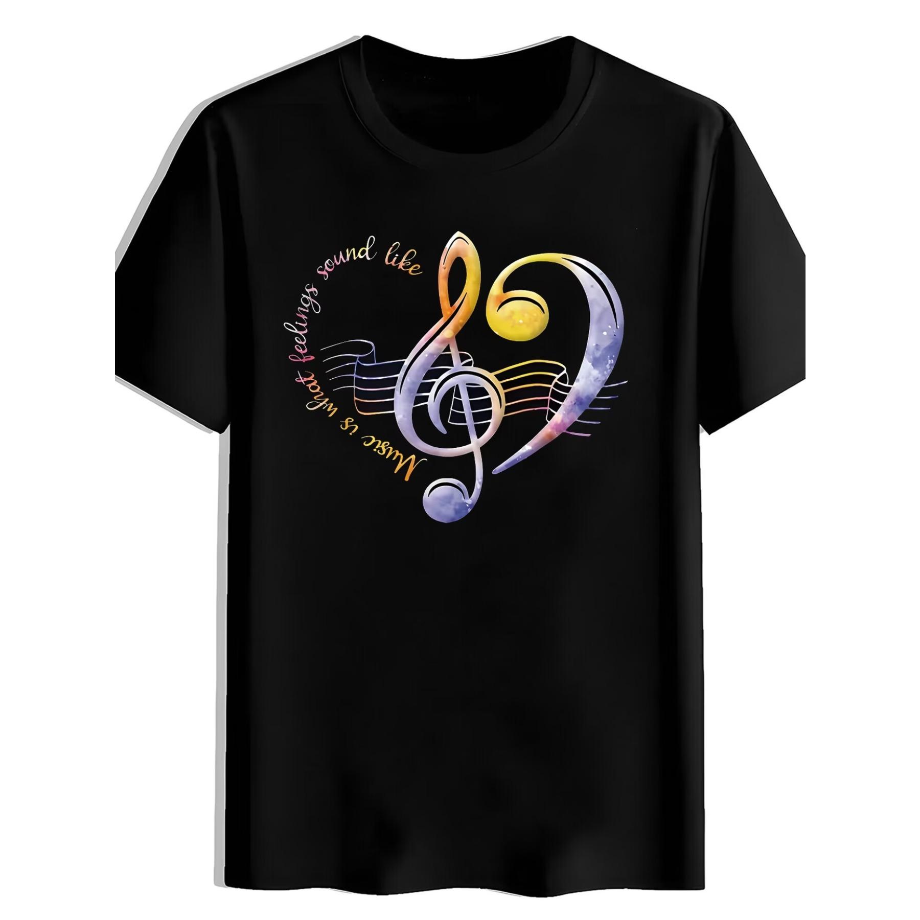 Yellow Treble Clef Print T-Shirt, Summer, Versatile, Sporty, Trendy T-Shirt S чёрный