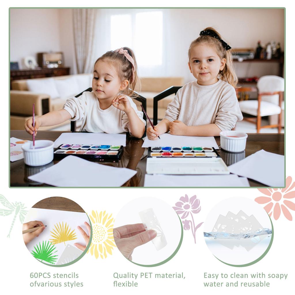 60Pcs Bird Floral Painting Stencil DIY Art Templates for Furniture Walls Floors Glass Windows Indoor Outdoor Decor Craft Supplie