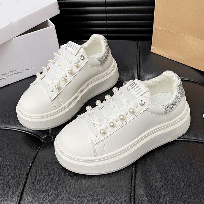 

Single shoes versatile thick sole heightening casual shoes women s spring new pearl thick sole 40 серебряный