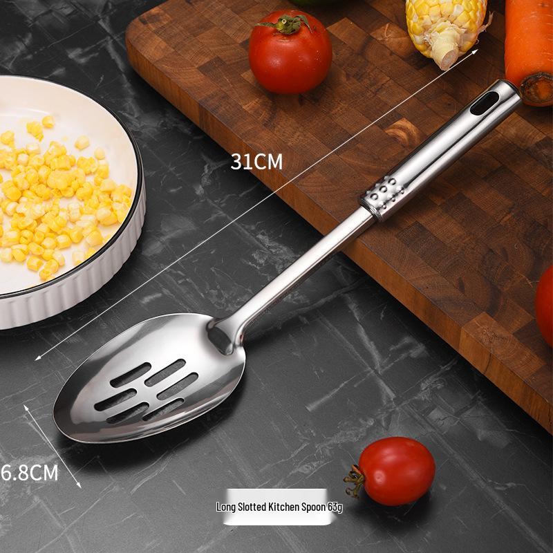 7-Piece Stainless Steel Kitchen Utensil Set: Spoon, Spatula, Slotted Spatula, Strainer, Ladle, Rice Spoon, Flour Sifter, and Meat Fork
