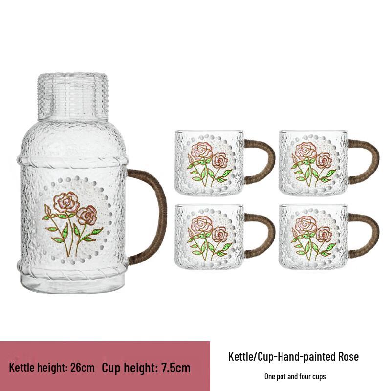 Rose Hand-Painted Glass Water Pitcher Set