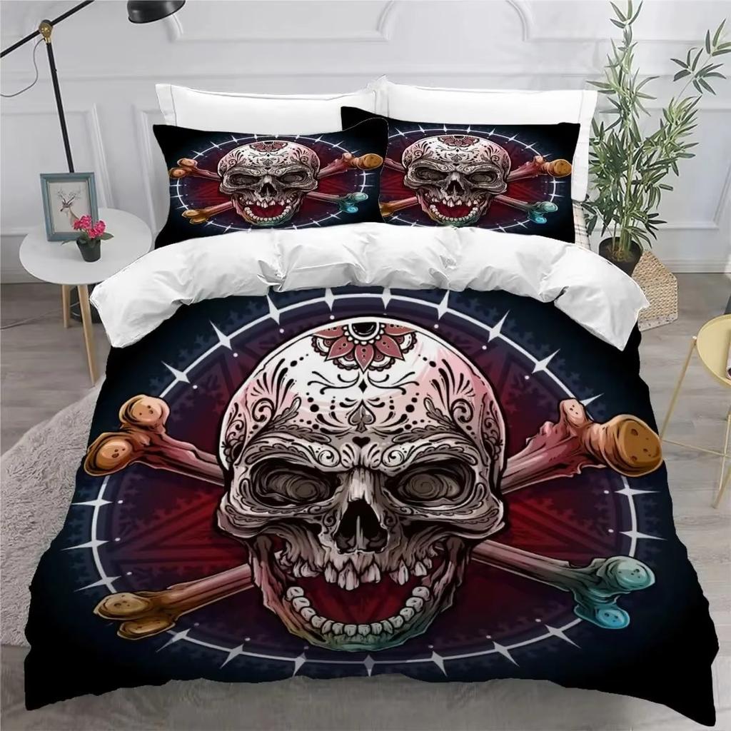 Skull and Beauty Duvet Cover Set Full Size Gothic Sugar Skull Angels and Demons Bedding Set with Pillowcase Twin Double Bed Sets