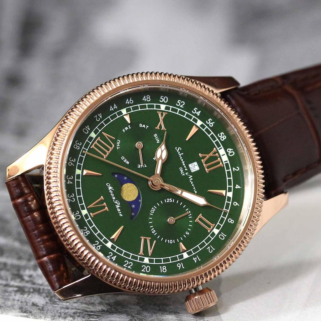 Salvatore Marra Men's Moon Phase Multi-Calendar Watch, 5 ATM Water Resistant, Leather Strap, Limited Edition, Pink Gold and Green, SM24110-PGGR