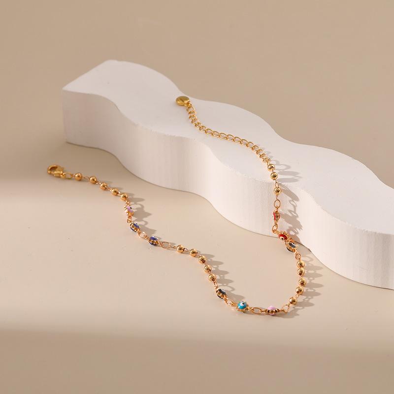Women 18k Gold Plated Dripping Oil Colored Eye Round Bead Foot Anklet